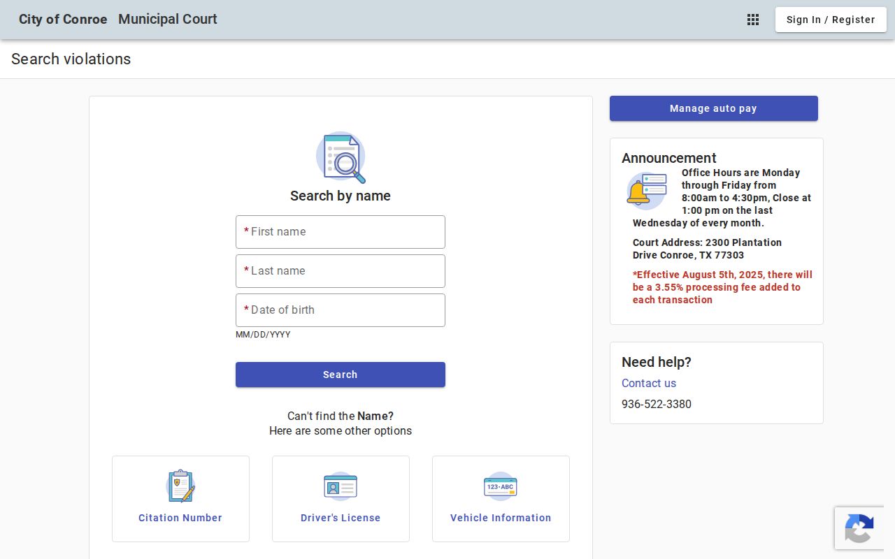Conroe court docket municipal citation search interface
